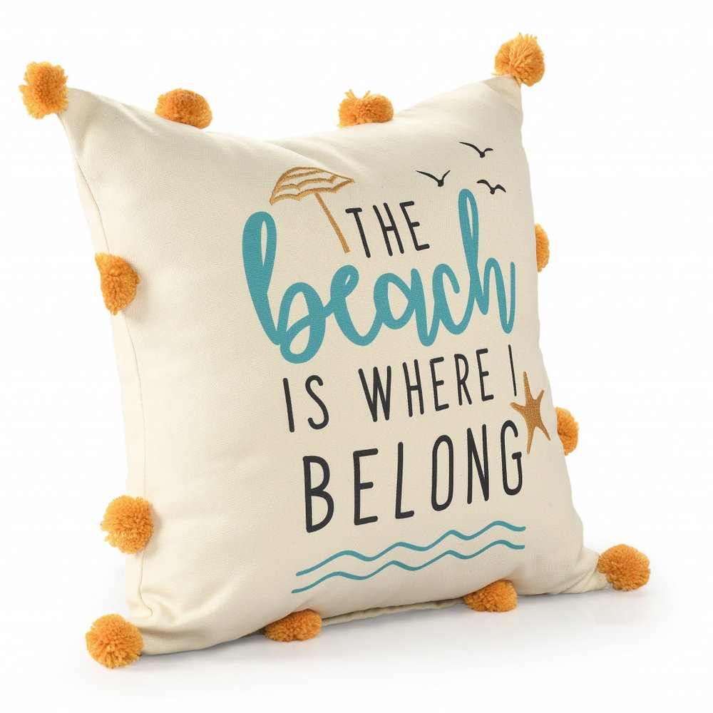 20" Natural Aqua And Orange The Beach Is Where I Belong Throw Pillow